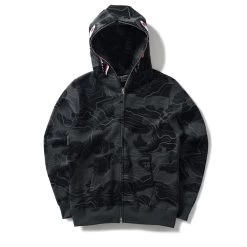 A Bathing Ape Layered Camo Shark Zip Hoodie - Black