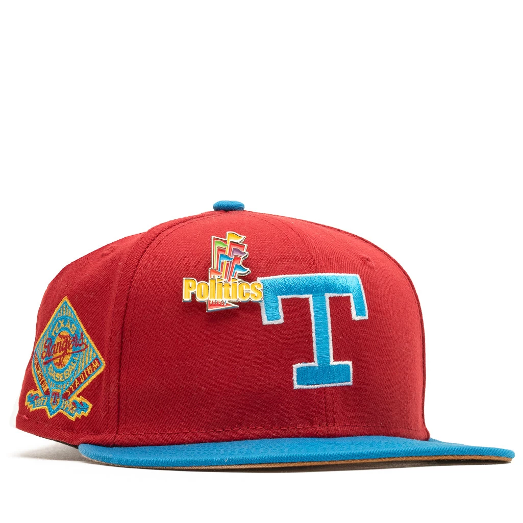 New Era X Politics Texas Rangers 59FIFTY Fitted Hat - Pinot Red/Cardinal Blue 8 New Era X Politics Texas Rangers 59FIFTY Fitted Hat - Pinot Red/Cardinal Blue - Image 6