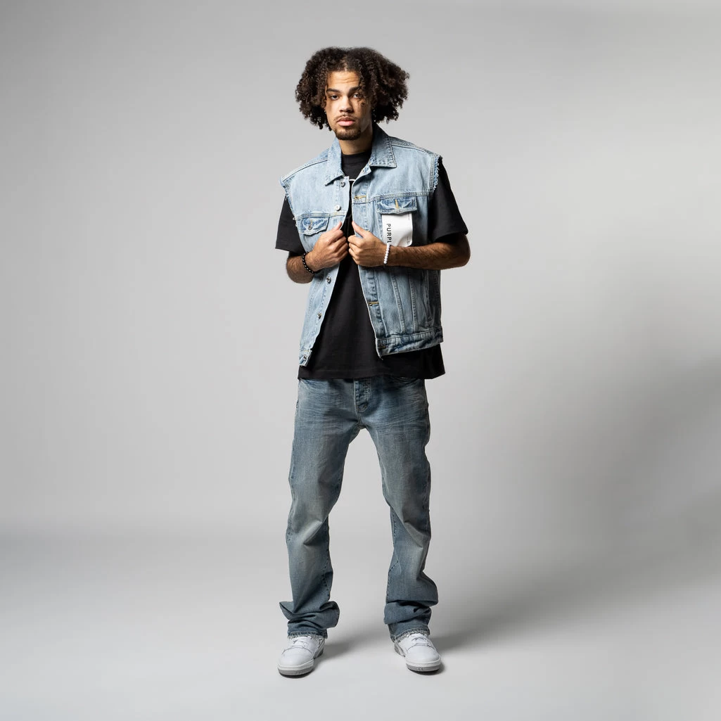 Purple Brand Denim Vest - Light Indigo Embroidered 6 Purple Brand Denim Vest - Light Indigo Embroidered - Image 4